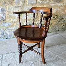Load image into Gallery viewer, 19th-century-bow-back-armchair-attributed-architect-designer-Edward-William-Godwin-elm-bobbin-turned-supports-well-figured-single-plank-circular-saddled-seat-slab-out-swept-legs-turned-cross-stretchers-centrallyleg-Ruskinian-Gothic-Northampton-Guildhall-excellent-colour-condition-desk-chaie-english-circa-1870-for-sale-damon-blandford-antiques-cotswolds-stow-on-the-wold