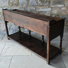 Load image into Gallery viewer, good-colour-georgian-welsh-oak-dresser-with-rack-constructed-from-well-figured-timbers-dresser-comprises-three-drawers-above-cupids-bow-shap- frieze-turned-supports-pot-board-excellent-condition-fresh-to-market-attractive-useful-furniture-south-wales-circa-1790-1810-good-original-condition-for-sale-damon-blandford-antiques-stow-on-the-wold