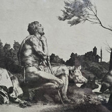 Load image into Gallery viewer, C19th-engraving-the-prodigal-son-1882-by-william-strang-original-etching-signed-in-the-plate-scottish-painter-and-print-maker-illustrating-works-of-byron-colridge-kipling-london-slade-school-studying-art-under-alphonse-legros-royal-society-of-painters-etchers-excellent-condition-new-bespoke-made-gesso-painted-parcel-gilt-frame-for-sale-damon-blandford-antiques-stow-on-the-wold-cotswold-wall-art-print-antique