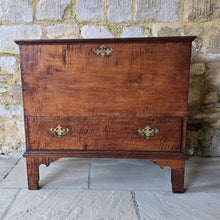 Load image into Gallery viewer, from-the-mrs-henry-ford-II-collection-chest-rare-american-late-18th-century-chippendale- maple-new-england-fiddle-back-maple-eaton-square-london-turville-grange-buckinghamshire-rectangular-top-moulded-edges-lift-up-lid-large-storage-area-full-width-drawer-raised-on-tall scrolling-bracket-feet-period-style-original-brass-handles-lock-escutcheon-excellent-condition-full-sensitive-restoration-excellent-quality-piece-would-sit-well-within-period-contemporary-setting-elegant-clean-lines-fabulous-colour-very-well