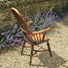 Load image into Gallery viewer, Good-quality-well-proportioned-high-back-windsor-armchair-Walker-Rockley-workshop-Nottinghamshire-yew-wood-saddled-elm-seat-shaped central-splat-pierced-decoration-arm-bow-turned-supports-elm-seat-crinoline-stretcher-good-colour-excellent-condition-impressed-makers-mark-for-sale-damon-blandford-antiques-cotswolds-stow-on-the-wold-country-regional-furniture