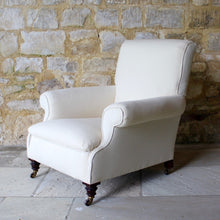 Load image into Gallery viewer, Victorian-seating-easy-arm-chair-rolled-arms-sprung-seat-upholstered-calico-turned-forelegs-brass-caps-brown-ceramics-castors-hampton-&-sons-damon-blandford-antiques-seating-lounge-chair-upholstery-for-sale-gloucestershire-cotswolds-quality-style-country-house-interiors