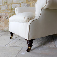 Load image into Gallery viewer, Victorian-seating-easy-arm-chair-rolled-arms-sprung-seat-upholstered-calico-turned-forelegs-brass-caps-brown-ceramics-castors-hampton-&-sons-damon-blandford-antiques-seating-lounge-chair-upholstery-for-sale-gloucestershire-cotswolds-quality-style-country-house-interiors