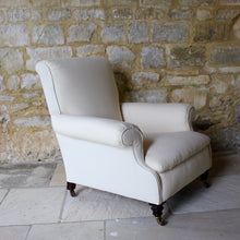 Load image into Gallery viewer, Victorian-seating-easy-arm-chair-rolled-arms-sprung-seat-upholstered-calico-turned-forelegs-brass-caps-brown-ceramics-castors-hampton-&-sons-damon-blandford-antiques-seating-lounge-chair-upholstery-for-sale-gloucestershire-cotswolds-quality-style-country-house-interiors