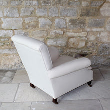 Load image into Gallery viewer, Victorian-seating-easy-arm-chair-rolled-arms-sprung-seat-upholstered-calico-turned-forelegs-brass-caps-brown-ceramics-castors-hampton-&-sons-damon-blandford-antiques-seating-lounge-chair-upholstery-for-sale-gloucestershire-cotswolds-quality-style-country-house-interiors-rear-back
