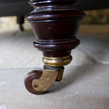 Load image into Gallery viewer, Victorian-seating-easy-arm-chair-rolled-arms-sprung-seat-upholstered-calico-turned-forelegs-brass-caps-brown-ceramics-castors-hampton-&-sons-damon-blandford-antiques-seating-lounge-chair-upholstery-for-sale-gloucestershire-cotswolds-quality-style-country-house-interiors-antique