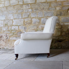 Load image into Gallery viewer, Victorian-seating-easy-arm-chair-rolled-arms-sprung-seat-upholstered-calico-turned-forelegs-brass-caps-brown-ceramics-castors-hampton-&-sons-damon-blandford-antiques-seating-lounge-chair-upholstery-for-sale-gloucestershire-cotswolds-quality-style-country-house-interiors-side-profile