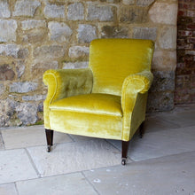 Load image into Gallery viewer, armchair-seat-upholstered-yellow-velvet-chair-1920's-square-tapered-legs-brass-castors-seating-forsale-gloucestershire-antique-vintage-country-house-style-button