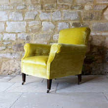 Load image into Gallery viewer, armchair-seat-upholstered-yellow-velvet-chair-1920's-square-tapered-legs-brass-castors-seating-forsale-gloucestershire-antique-vintage-country-house-style-button-cotswold-stroud-damon-blandford