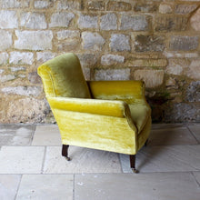 Load image into Gallery viewer, armchair-seat-upholstered-yellow-velvet-chair-1920's-square-tapered-legs-brass-castors-seating-forsale-gloucestershire-antique-vintage-country-house-style-button