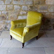 Load image into Gallery viewer, armchair-seat-upholstered-yellow-velvet-chair-1920's-square-tapered-legs-brass-castors-seating-forsale-gloucestershire-antique-vintage-country-house-style-button