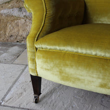 Load image into Gallery viewer, armchair-seat-upholstered-yellow-velvet-chair-1920's-square-tapered-legs-brass-castors-seating-forsale-gloucestershire-antique-vintage-country-house-style-button