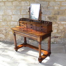 Load image into Gallery viewer, elegant-william-IV-mahogany-dressing-table-swing-frame-mirror-gallery-carved-repeating-semicircles-drawers-dovetail-lined-mahogany-oak-cock-beading-turned-drawer-pulls-table-frieze-drawer-carved-legs-stretcher-quality-elegant-clean-lines-dressing-table-furniture-magnificent-traditional-contemporary-english-irca-1830's-damon-blandford-antiques-antique-style-country-house-gloucestershire-cotswolds-stroud-design-bedroom-for-sale