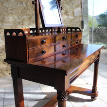 Load image into Gallery viewer, elegant-william-IV-mahogany-dressing-table-swing-frame-mirror-gallery-carved-repeating-semicircles-drawers-dovetail-lined-mahogany-oak-cock-beading-turned-drawer-pulls-table-frieze-drawer-carved-legs-stretcher-quality-elegant-clean-lines-dressing-table-furniture-magnificent-traditional-contemporary-english-irca-1830's-damon-blandford-antiques-antique-style-country-house-gloucestershire-cotswolds-stroud-design-bedroom-for-sale