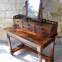 Load image into Gallery viewer, elegant-william-IV-mahogany-dressing-table-swing-frame-mirror-gallery-carved-repeating-semicircles-drawers-dovetail-lined-mahogany-oak-cock-beading-turned-drawer-pulls-table-frieze-drawer-carved-legs-stretcher-quality-elegant-clean-lines-dressing-table-furniture-magnificent-traditional-contemporary-english-irca-1830's-damon-blandford-antiques-antique-style-country-house-gloucestershire-cotswolds-stroud-design-bedroom-for-sale