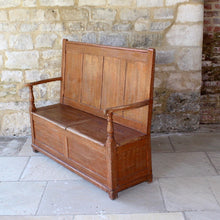 Load image into Gallery viewer, painted-welsh-box-settle-scumble-storage-panel-back-folk-art-antique-gloucestershire
