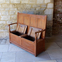 Load image into Gallery viewer, painted-welsh-box-settle-scumble-storage-panel-back-folk-art-antique-gloucestershire