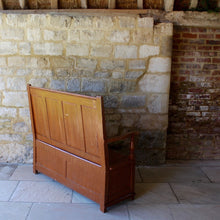 Load image into Gallery viewer, painted-welsh-box-settle-scumble-storage-panel-back-folk-art-antique-gloucestershire