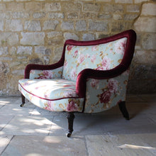 Load image into Gallery viewer, two-small-seater-upholstered-sofa-settee-turned-rosewood-legs-square-swept-concave-brass-cators-stamped-holland-&-sons-damon-blandford-antiques-chair-seating-for-sale-gloucestershire-chintz-floral-velvet-burgundy-roses-quality-fine-london-maker