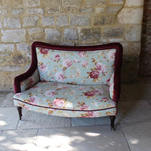 Load image into Gallery viewer, two-small-seater-upholstered-sofa-settee-turned-rosewood-legs-square-swept-concave-brass-cators-stamped-holland-&-sons-damon-blandford-antiques-chair-seating-for-sale-gloucestershire-chintz-floral-velvet-burgundy-roses-quality-fine-london-maker