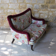 Load image into Gallery viewer, two-small-seater-upholstered-sofa-settee-turned-rosewood-legs-square-swept-concave-brass-cators-stamped-holland-&-sons-damon-blandford-antiques-chair-seating-for-sale-gloucestershire-chintz-floral-velvet-burgundy-roses-quality-fine-london-maker