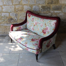 Load image into Gallery viewer, two-small-seater-upholstered-sofa-settee-turned-rosewood-legs-square-swept-concave-brass-cators-stamped-holland-&-sons-damon-blandford-antiques-chair-seating-for-sale-gloucestershire-chintz-floral-velvet-burgundy-roses-quality-fine-london-maker