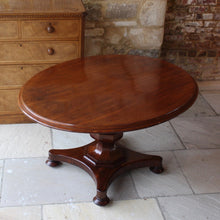 Load image into Gallery viewer, mahogany-tilt-top-table-wonderful-sun-bleached-oval-shape-top-baluster-shaped-pedestal-quadraform-base-damon-blandford-antiques-gloucestershire-cotswolds-for-sale-patina-golds-browns-reds-straw-colours-country-house-interiors-vintage-quality-timbers-breakfast-dinning-table