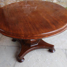 Load image into Gallery viewer, mahogany-tilt-top-table-wonderful-sun-bleached-oval-shape-top-baluster-shaped-pedestal-quadraform-base-damon-blandford-antiques-gloucestershire-cotswolds-for-sale-patina-golds-browns-reds-straw-colours-country-house-interiors-vintage-quality-timbers-breakfast-dinning-table