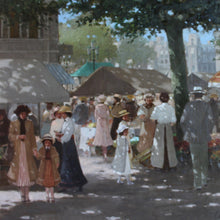 Load image into Gallery viewer, oil-painting-canvas-european-market-scene-dutch-artist-carl-van-rooijen-original-flowers-light-lighting-colour-shaddow-dark-elegant-trees-buildings-damon-blandford-art-artist-for-sale-gloucestershire-cotswolds-stroud