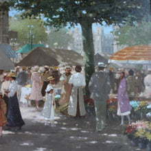 Load image into Gallery viewer, oil-painting-canvas-european-market-scene-dutch-artist-carl-van-rooijen-original-flowers-light-lighting-colour-shaddow-dark-elegant-trees-buildings-damon-blandford-art-artist-for-sale-gloucestershire-cotswolds-stroud