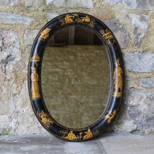 Load image into Gallery viewer, mirror-oval-chinoiserie-black-lacquered-decorated-mirror-plate-1930's-damon-blandford-antiques-gloucestershire-cotswolds-stroud-for-sale-oriental-wall-art-mirror-oriental-figures-buildings-birds-scenes