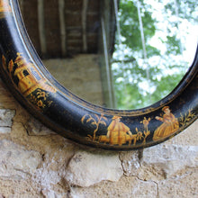 Load image into Gallery viewer, mirror-oval-chinoiserie-black-lacquered-decorated-mirror-plate-1930's-damon-blandford-antiques-gloucestershire-cotswolds-stroud-for-sale-oriental-wall-art-mirror-oriental-figures-buildings-birds-scenes-foliage-hand-painted