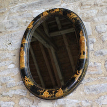 Load image into Gallery viewer, mirror-oval-chinoiserie-black-lacquered-decorated-mirror-plate-1930's-damon-blandford-antiques-gloucestershire-cotswolds-stroud-for-sale-oriental-wall-art-mirror-oriental-figures-buildings-birds-scenes