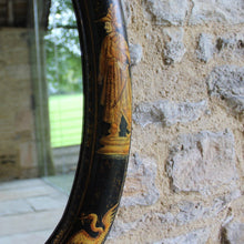 Load image into Gallery viewer, mirror-oval-chinoiserie-black-lacquered-decorated-mirror-plate-1930's-damon-blandford-antiques-gloucestershire-cotswolds-stroud-for-sale-oriental-wall-art-mirror-oriental-figures-buildings-birds-scenes
