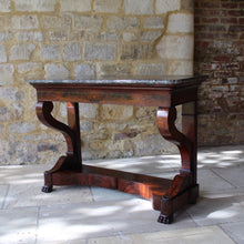 Load image into Gallery viewer, french-louis-phillipe-flame-mahogany-console-table-wonderful-example-high-quality-figured-mahogany-veneers-oak-carcass-book-matched-drawer-original-grey-marble-top-scrolled-legs-pilaster-united-shaped-stretcher-terminating-lion-paw-feet-stylish-console-table-exceptionally-condition-french-circa-1840's-damon-blandford-antiques-for-sale-gloucestershire-cotswolds-stroud