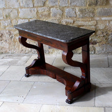 Load image into Gallery viewer, french-louis-phillipe-flame-mahogany-console-table-wonderful-example-high-quality-figured-mahogany-veneers-oak-carcass-book-matched-drawer-original-grey-marble-top-scrolled-legs-pilaster-united-shaped-stretcher-terminating-lion-paw-feet-stylish-console-table-exceptionally-condition-french-circa-1840's-damon-blandford-antiques-for-sale-gloucestershire-cotswolds-stroud