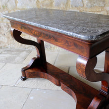 Load image into Gallery viewer, french-louis-phillipe-flame-mahogany-console-table-wonderful-example-high-quality-figured-mahogany-veneers-oak-carcass-book-matched-drawer-original-grey-marble-top-scrolled-legs-pilaster-united-shaped-stretcher-terminating-lion-paw-feet-stylish-console-table-exceptionally-condition-french-circa-1840's-damon-blandford-antiques-for-sale-gloucestershire-cotswolds-stroud-crisp-carving-hall-storage-antique-furniture