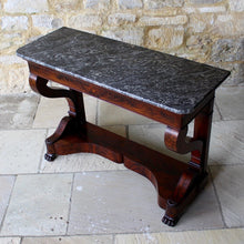 Load image into Gallery viewer, french-louis-phillipe-flame-mahogany-console-table-wonderful-example-high-quality-figured-mahogany-veneers-oak-carcass-book-matched-drawer-original-grey-marble-top-scrolled-legs-pilaster-united-shaped-stretcher-terminating-lion-paw-feet-stylish-console-table-exceptionally-condition-french-circa-1840's-damon-blandford-antiques-for-sale-gloucestershire-cotswolds-stroud-antiques-stunning-hall