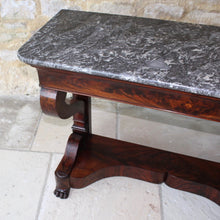 Load image into Gallery viewer, french-louis-phillipe-flame-mahogany-console-table-wonderful-example-high-quality-figured-mahogany-veneers-oak-carcass-book-matched-drawer-original-grey-marble-top-scrolled-legs-pilaster-united-shaped-stretcher-terminating-lion-paw-feet-stylish-console-table-exceptionally-condition-french-circa-1840's-damon-blandford-antiques-for-sale-gloucestershire-cotswolds-stroud