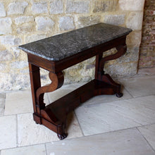 Load image into Gallery viewer, french-louis-phillipe-flame-mahogany-console-table-wonderful-example-high-quality-figured-mahogany-veneers-oak-carcass-book-matched-drawer-original-grey-marble-top-scrolled-legs-pilaster-united-shaped-stretcher-terminating-lion-paw-feet-stylish-console-table-exceptionally-condition-french-circa-1840's-damon-blandford-antiques-for-sale-gloucestershire-cotswolds-stroud