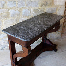 Load image into Gallery viewer, french-louis-phillipe-flame-mahogany-console-table-wonderful-example-high-quality-figured-mahogany-veneers-oak-carcass-book-matched-drawer-original-grey-marble-top-scrolled-legs-pilaster-united-shaped-stretcher-terminating-lion-paw-feet-stylish-console-table-exceptionally-condition-french-circa-1840's-damon-blandford-antiques-for-sale-gloucestershire-cotswolds-stroud