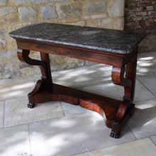 Load image into Gallery viewer, french-louis-phillipe-flame-mahogany-console-table-wonderful-example-high-quality-figured-mahogany-veneers-oak-carcass-book-matched-drawer-original-grey-marble-top-scrolled-legs-pilaster-united-shaped-stretcher-terminating-lion-paw-feet-stylish-console-table-exceptionally-condition-french-circa-1840's-damon-blandford-antiques-for-sale-gloucestershire-cotswolds-stroud