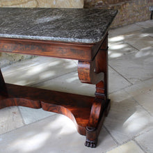 Load image into Gallery viewer, french-louis-phillipe-flame-mahogany-console-table-wonderful-example-high-quality-figured-mahogany-veneers-oak-carcass-book-matched-drawer-original-grey-marble-top-scrolled-legs-pilaster-united-shaped-stretcher-terminating-lion-paw-feet-stylish-console-table-exceptionally-condition-french-circa-1840's-damon-blandford-antiques-for-sale-gloucestershire-cotswolds-stroud-high-quality-fine-furniture-antiques