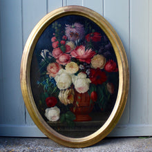 Load image into Gallery viewer, beautifully-detailed-still-life-composition-painted-painting-oil-oval-panel-dutch-artist-h-drieling-painting-signed-giltwood-frame-wonderfully-colourful-painting-white-pink-red-blue-flowers-terracotta-urn-black-detail-insects-red-admiral-butterfly-flowers-damon-blandford-antiques-for-sale-wall-art-decorative-interior-design-gloucestershire-cotswolds-stroud