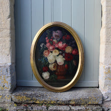 Load image into Gallery viewer, beautifully-detailed-still-life-composition-painted-painting-oil-oval-panel-dutch-artist-h-drieling-painting-signed-giltwood-frame-wonderfully-colourful-painting-white-pink-red-blue-flowers-terracotta-urn-black-detail-insects-red-admiral-butterfly-flowers-damon-blandford-antiques-for-sale-wall-art-decorative-interior-design-gloucestershire-cotswolds-stroud