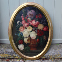 Load image into Gallery viewer, beautifully-detailed-still-life-composition-painted-painting-oil-oval-panel-dutch-artist-h-drieling-painting-signed-giltwood-frame-wonderfully-colourful-painting-white-pink-red-blue-flowers-terracotta-urn-black-detail-insects-red-admiral-butterfly-flowers-damon-blandford-antiques-for-sale-wall-art-decorative-interior-design-gloucestershire-cotswolds-stroud