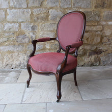 Load image into Gallery viewer, beautifully-upholstered-spoon-back-open-armchair-carved-rosewood-frame-cabriole-legs-terminating-brass-porcelain-castors-upholstery-excellent-colour-fabric-contrasting-wonderfully-double-welt-piping-as-new-condition-damon-blandford-antiques-chair-seating-antique-ninteenth-19th-century-gloucestershire-cotswolds-stroud-antique-dealer-for-sale-interior-design-decorative-country-house-furniture