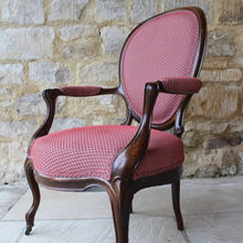 Load image into Gallery viewer, beautifully-upholstered-spoon-back-open-armchair-carved-rosewood-frame-cabriole-legs-terminating-brass-porcelain-castors-upholstery-excellent-colour-fabric-contrasting-wonderfully-double-welt-piping-as-new-condition-damon-blandford-antiques-chair-seating-antique-ninteenth-19th-century-gloucestershire-cotswolds-stroud-antique-dealer-for-sale-interior-design-decorative-country-house-furniture