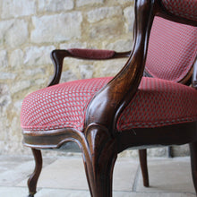 Load image into Gallery viewer, beautifully-upholstered-spoon-back-open-armchair-carved-rosewood-frame-cabriole-legs-terminating-brass-porcelain-castors-upholstery-excellent-colour-fabric-contrasting-wonderfully-double-welt-piping-as-new-condition-damon-blandford-antiques-chair-seating-antique-ninteenth-19th-century-gloucestershire-cotswolds-stroud-antique-dealer-for-sale-interior-design-decorative-country-house-furniture