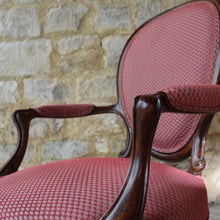 Load image into Gallery viewer, beautifully-upholstered-spoon-back-open-armchair-carved-rosewood-frame-cabriole-legs-terminating-brass-porcelain-castors-upholstery-excellent-colour-fabric-contrasting-wonderfully-double-welt-piping-as-new-condition-damon-blandford-antiques-chair-seating-antique-ninteenth-19th-century-gloucestershire-cotswolds-stroud-antique-dealer-for-sale-interior-design-decorative-country-house-furniture